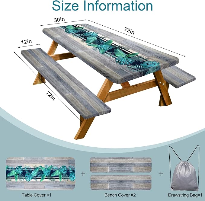Picnic Table Cover with Bench Covers Camping Essentials Waterproof Windproof Camping Tablecloth with Drawstring Bag, Fitted Rectangle Tables and Seats, 72in, Palm Leaf