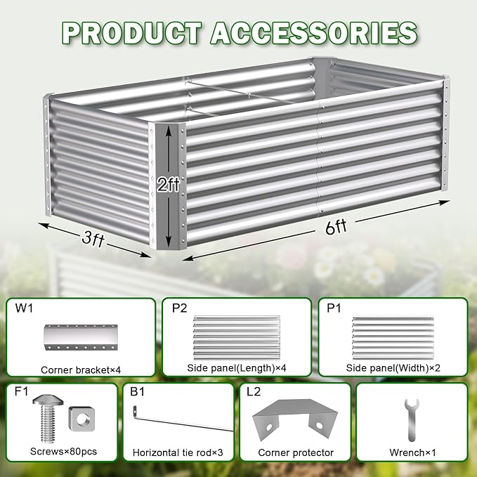Tall Galvanized Raised Garden Bed Kit Outdoor Patio,6x3x2ft Large Rectangular Metal Planter Boxes,Deep Root Box Planter for Gardening, Vegetables, Flowers, Herbs, 1 Pack, Silver