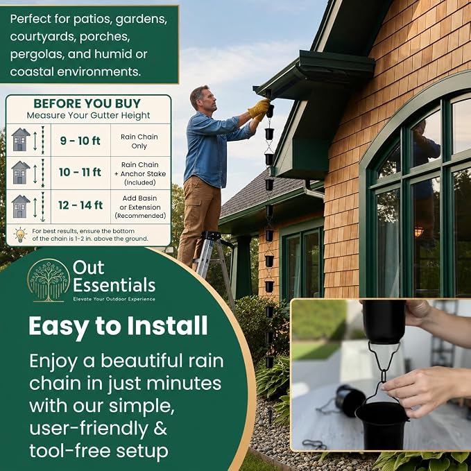 Black Rain Chain 9 FT, 11 FT Installed with Anchor Stake and Gutter Adapter, Durable Heavy Duty Rain Chains for Gutters for Heavy Rain, Rust Resistant, Outdoor Decor for Homeowners