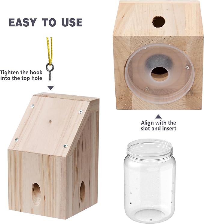 Carpenter Bee Trap for Outside - Shed Style Nature Hanging Wood Trap for Outdoor with Removable Bee Vault Plastic Jar (1 Pack)