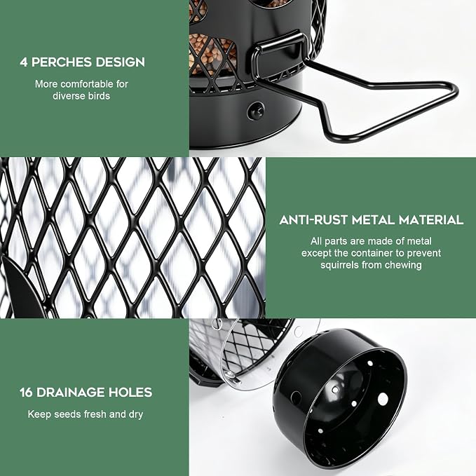 Gbekery Squirrel Proof Bird Feeders for Outdoors Hanging, Black | Metal Wild Bird Feeders for Small Birds with Weight Activated Perches, Weatherproof and Durable, Perfect for Backyard Garden