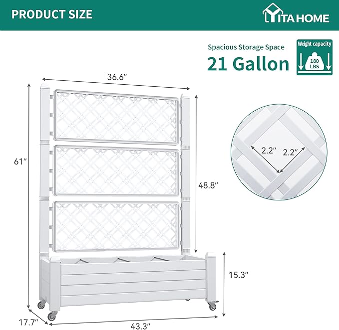 YITAHOME 43.3x17.7x61 in Planter Boxes Outdoor with Trellis, Resin Raised Garden Bed with Wheels & Drain Plug for Climbing Plants, Weather-Resistant Design Elevated Garden Bed with Trellis, White