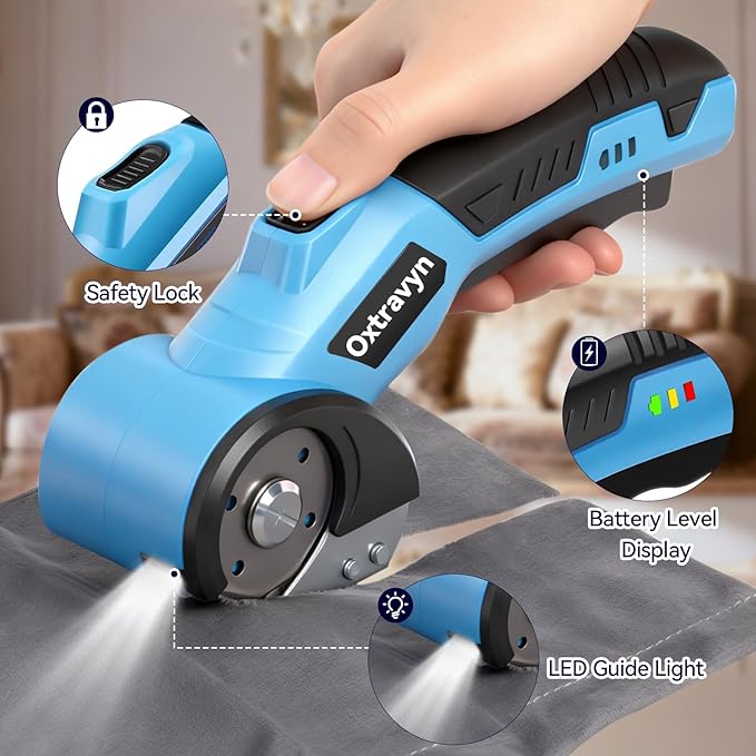 Electric Scissors, Box Cutter, Cardboard Cutter, Cordless Electric Scissors, 320RPM Rotary Cutter, 3000mAh Battery, LED Light, 2 Blades, Electric Box Cutter for Fabric Carpet Carton Plastic Leather