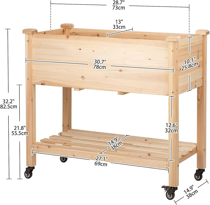 Raised Garden Bed with Lockable Wheels, 32x16x32 inch Elevated Wood Planter with Storage Shelf Protective Liner for Vegetable Flower Herb Outdoor Balcony Patio Backyard, Natural