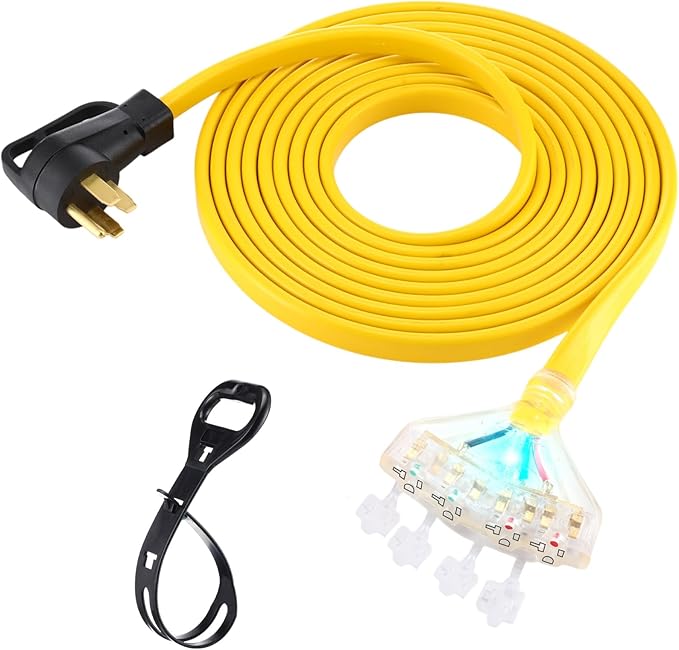 Tellegloww 25 FT Flat RV Generator Adapter Cord NEMA 14-50P to 4 X 5-20R/5-15R, 50A to 110V 15/20 A Household Outlet Adapter, 4 Prong 10 Gauge RV Generator Extension Cord, ETL Listed, Yellow