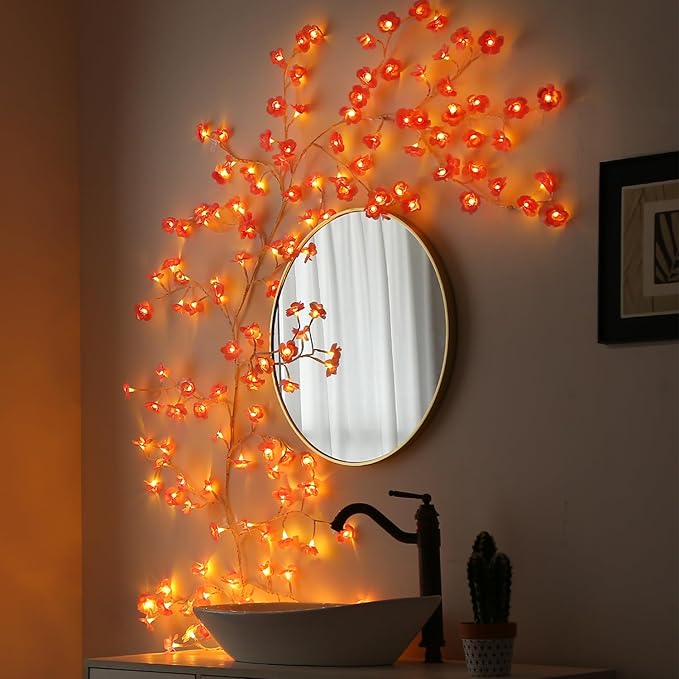 NIDISETPJAS Cherry Blossom Lights with Remote, 7.5 Ft 144 Flowers Enchanted Willow Vine Lights, 18 Branches 144 LEDs Lighted Willow Vine Tree Lights for Walls Bedroom Home Room Decor, White Branch