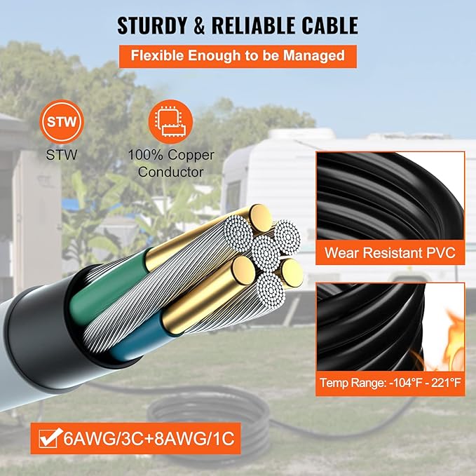 VEVOR 20 ft 50 Amp Generator Extension Cord 50amp, NEMA 14-50P to SS2-50R CS6364, STW 6/3+8/1 AWG 12500W UL Listed Twist Lock Heavy Duty Waterproof Outdoor for Home Backup RV