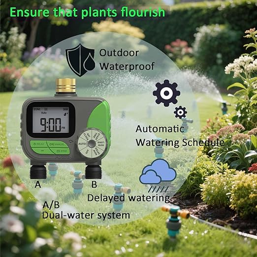 Drip Irrigation System for Garden with Water Timer, Main ID 1/2inch 32Ft and 1/4inch 131Ft Water Hose, 2-Zone Watering System Sufficient Water Pressure, Irrigation Dripper Waterflow Evenly Easy DIY