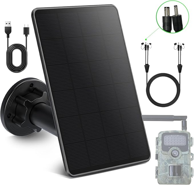 Trail Camera Solar Panel, Mini Solar Battery Charger DC 12V/1A 6V/1.5A & USB-C Build-in 5000mAh Rechargeable Lithium Battery, IP66 Waterproof Hunting Accessory, 10ft Cable, 6.7" Lx4.6 Wx1.25 H