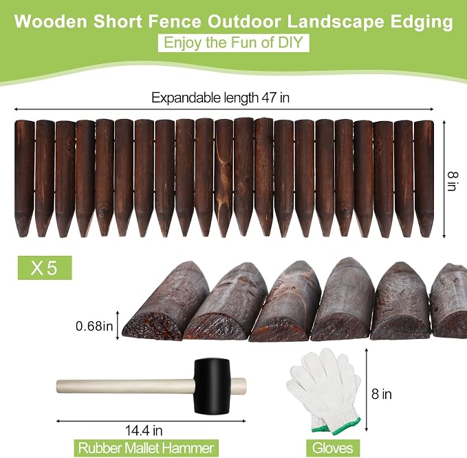 Hicarer 5 Pcs Total 20 ft Wood Garden Edging Fence Border Wood Landscape Border Decorative Flower Bed Barriers with Gloves Hammer for Tree Lawn Yard, 8" H x 47" L for Each(Brown)