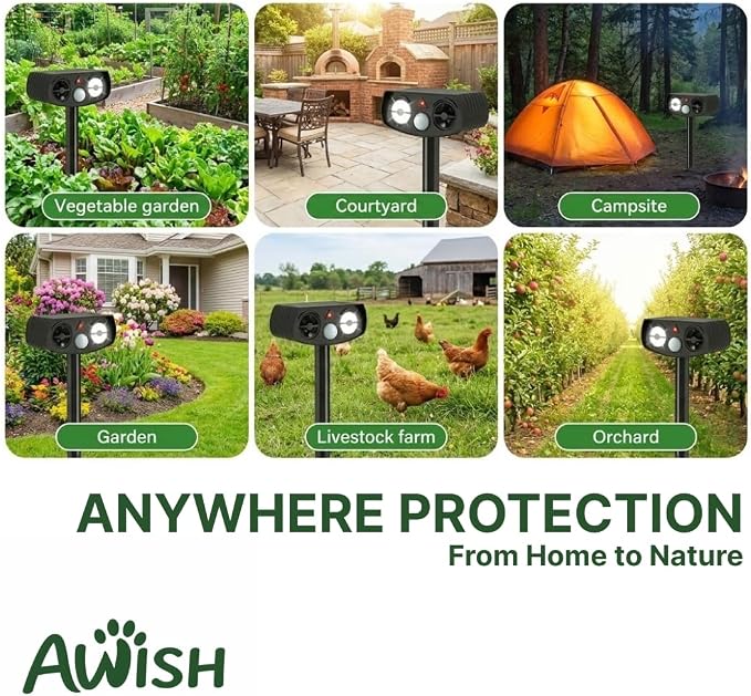 AWISH Solar Ultrasonic Animal Repeller Outdoor, Motion Sensor Waterproof Pest Deterrent, Raccoon Skunk Squirrel Gopher Rabbit Dog Repellent for Yard Garden Farm, 40ft 120° Coverage, 2 Pack Black