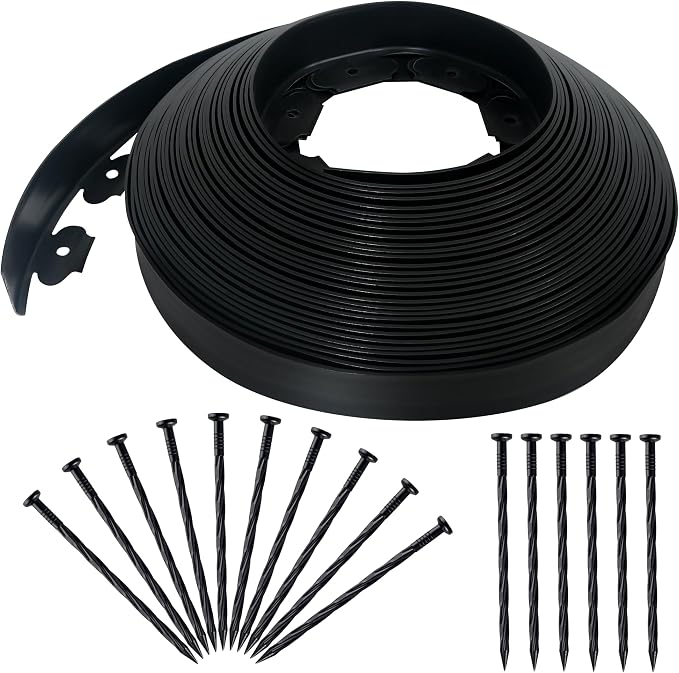 Quibbay 2 Inch x 100FT Landscape Edging Border with 150 Anchoring Spikes, No Dig Garden Border Edging Kit, Plastic Flexible Edging for Landscaping Garden Flower Beds Lawn Yard Paver Pathway, Black