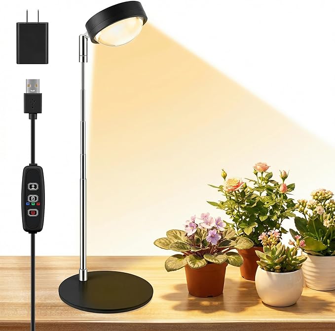 Plant Grow Light, Full Spectrum Grow Lights LED Spotlight with Metal Base, Desk Plant Growing Lamps with Auto On Off Timer 3/9/12H, 6 Brightness Levels, 9.8-25.6'' Adjustable Height