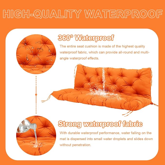 Premium 5" Thick Waterproof Porch Swing Cushions Sturdy Durable 3 Seat Replacement Outdoor Swing Cushions with Backrest&Ties Bench Cushion for Outdoor Furniture Backyard Patio Garden（Orange）