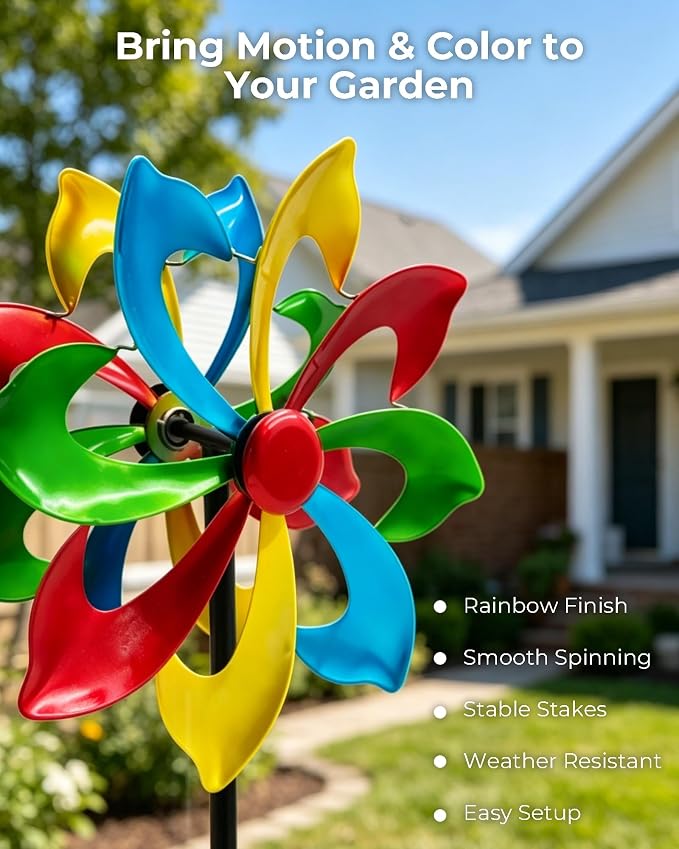 Rainbow Wind Spinner for Outdoor, 13" D Colorful Kinetic Garden Spinner with Smooth Silent Motion, Adjustable Height & Stable Ground Stake for Yard Patio Flower Bed Decor