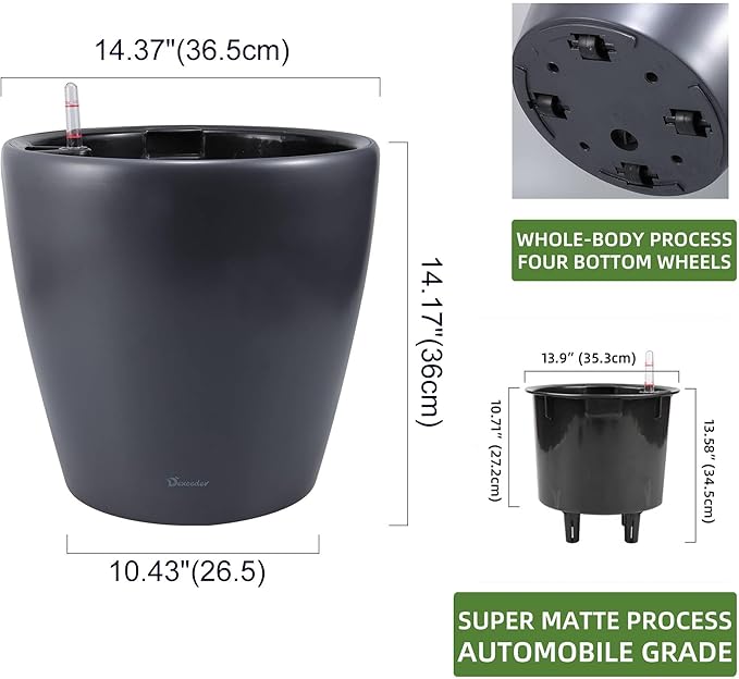 Dexceder 15x14 Self Watering Planter with Wheels (Slate Gray Matte) | Inner Pot Design, Thickened Large Floor Standing Flower Plant Pot with Water Level Indicator Indoor Outdoor