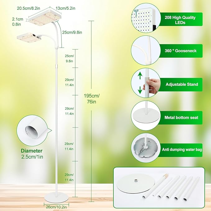 2Head Floor Lamp Grow Light, Bright and Big Coverage Grow Light with Stand for Indoor Tall Plants, Bonsai Tree, 4/8/12/16/20H Timer, 50 Watt Power Draw, NO Need Adapter, 24"-76" Height