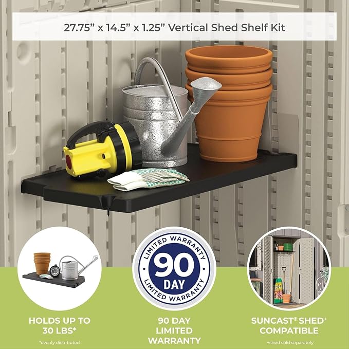 Suncast 2 Pack Vertical Shed Shelf Kit, Space Saving Shelving for Wall Mount Outdoor Storage Structures, 27.75" W x 14.5" D x 1.25" H, Black