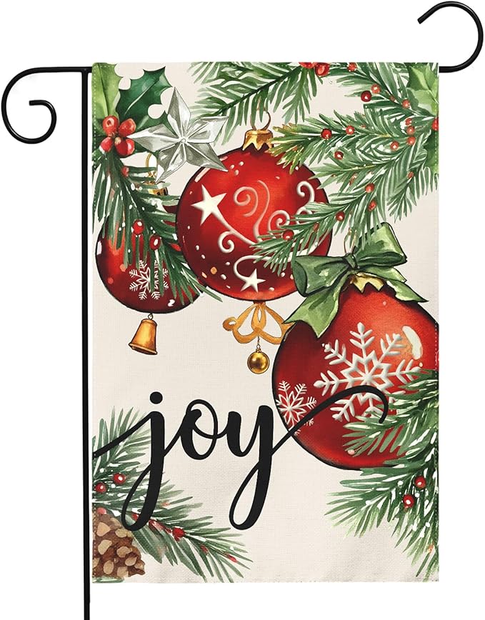 Christmas Garden Flag 12x18 Inch Green Leaves Red Xmas Ball Joy Holiday Winter Decorative Yard Flags for Outside Double Sided Seasonal Outdoor Home Farmhouse Decoration Porch New Year Decor
