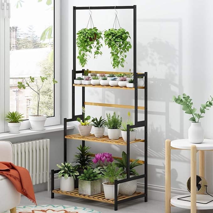 Ufine Bamboo Hanging Plant Stand 3 Tier Ladder Shelf with Hanging Rod | Height Adjustable Flower Pot Display Organizer for Balcony Porch Living Room