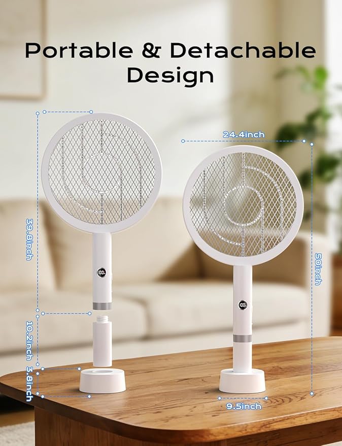 YISSVIC Electric Fly Swatter Bug Zapper Racket 4000V LED Screen Dual Modes Fly Zapper Rechargeable for Indoor Home Office Backyard Patio Camping (White)