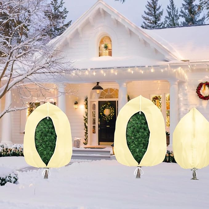 Plant Covers Freeze Protection, 4 Pack Round Frost Blankets for Outdoor Plants (71"x48") – Winter Plant Covers, 2.4oz/yd² Frost Cloth Plant Protection for Trees, Shrubs & Potted Plants (Beige)