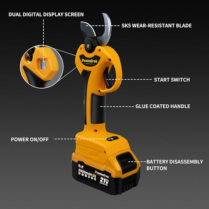 Electric Pruning Shears, Garden Trimmer SK5 Blades, Cutting Diameter 0.98-1.18 inches, Equipped with a 3000mAh Battery Cordless Brushless Motor Branch Cutter for Gardening/Tree Pruning