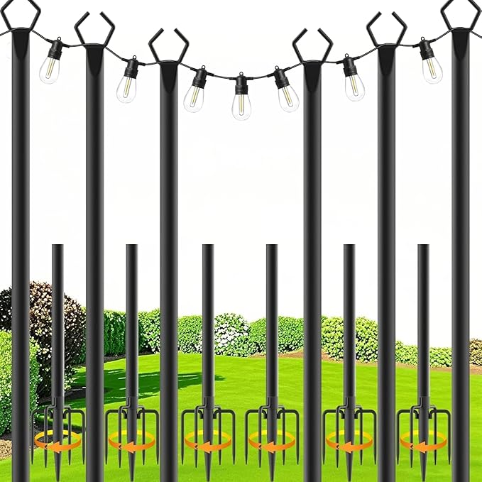 zoegi 6 Pack 10Ft String Light Poles,Light Poles for Outside Lights with Fork,Outdoor Brackets Hanging Lights,Metal Stand for Deck Patio,Backyard,Wedding,Deck,Party