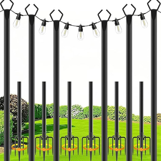 zoegi 6 Pack 10Ft String Light Poles,Light Poles for Outside Lights with Fork,Outdoor Brackets Hanging Lights,Metal Stand for Deck Patio,Backyard,Wedding,Deck,Party