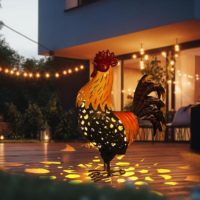 LIFFY Metal Chicken Yard Decor, 20" Solar Yard Rooster Decorations,Farm Outdoor Garden Statues, Animal Sculpture Ornaments for Backyard Patio Lawn Landscape