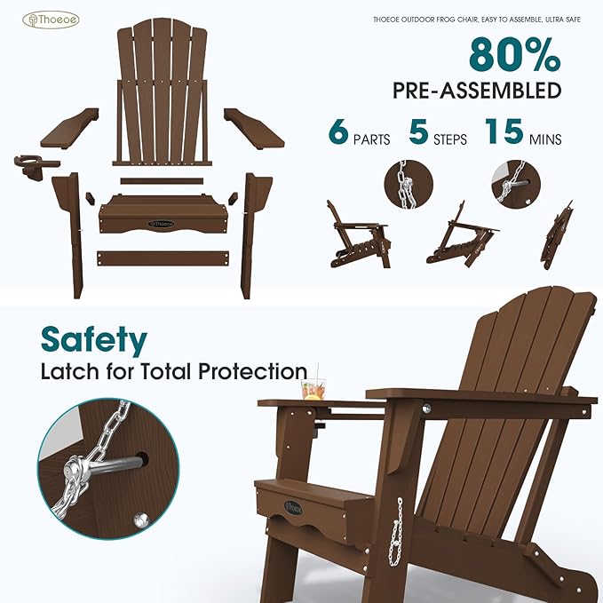 THOEOE Folding Adirondack Chair Set of 8, HDPE All-Weather Outdoor Chair with Cup Holder, Wooden Textured, Fire Pit Chair, Plastic Patio Chair for Deck, Backyard, Garden, Lawn, Brown