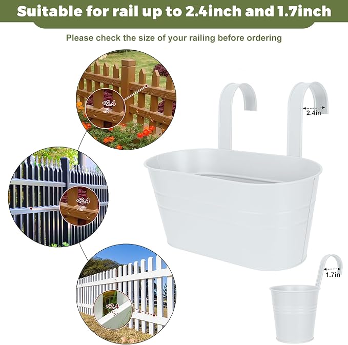 3 Different Size Metal Iron Hanging Flower Pots 10 Pcs for Outdoor Plants Metal Hanging Bucket Pots Iron Railing Fence Planter with Drainage Holes and Hooks for Porch Railing Balcony Fence (White)