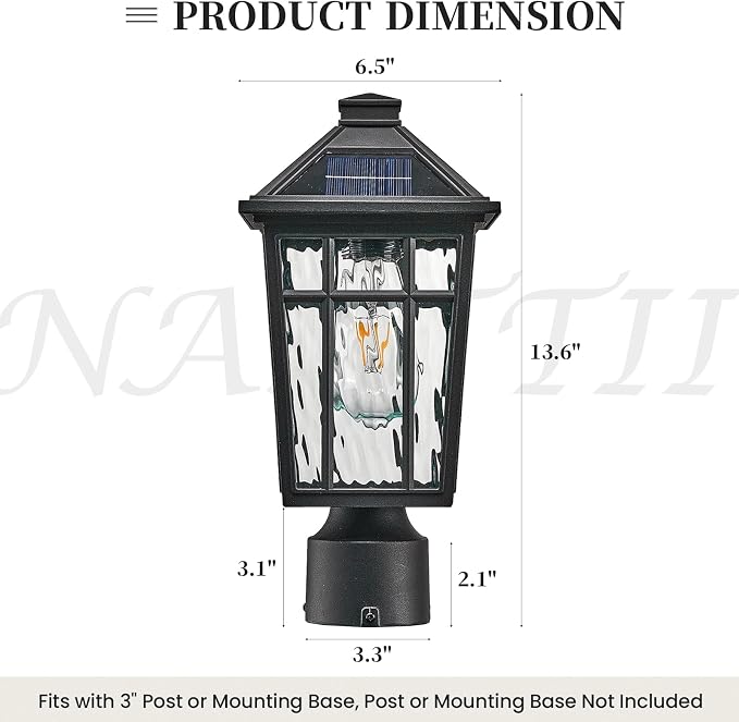 Solar Lamp Post Light Outdoor Waterproof Black Aluminum with Water Ripple Glass 13.6 Inch Height Solar Pole Lights for Garden, Patio, Pathway Include Remote Control and LED Bulb