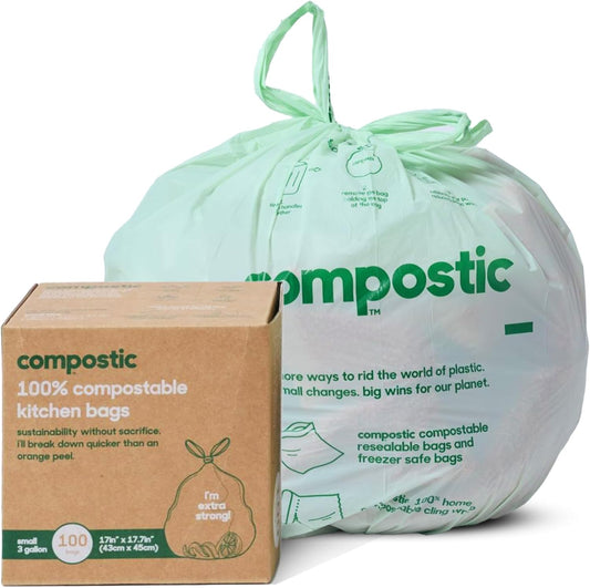 Home Compostable Trash Bags, 3 Gallon Small Kitchen Rubbish Bags (17” x 17.7”), Extra Strong & Quickly Breaks Down, 100 Count