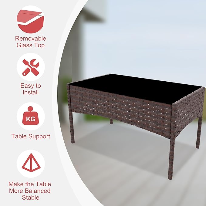 Patio Furniture Set 4 Pieces, Outdoor Patio Furniture Set with Rattan Wicker Chairs, Glass Table and Cushions for Porch, Balcony, Backyard, Garden, Poolside, Brown & Red