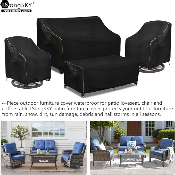 Patio Furniture Covers 4 Piece Set, 600D Heavy Duty Outdoor Furniture Covers Waterproof for Patio 2-Seater Loveseat Swivel Rocker Chair and Coffee Table Furniture Set,Black,Large