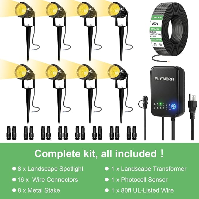 Elenora All-in-One Low Voltage Landscape Lighting Kit, 6W Landscape Spotlights with 80W Transformer & 80FT Wire & Connectors, 2700K Warm White LED Spot Lights Waterproof for Yard Garden Tree, 8 Pack