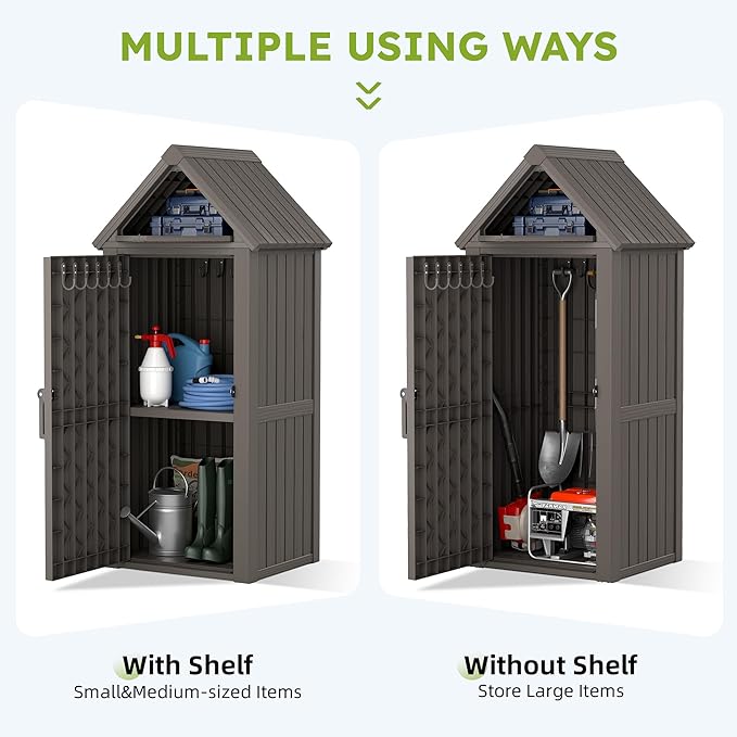 Vertical Outdoor Storage Shed, Waterproof Resin Outdoor Storage Cabinet with Removable Shelves & 12 Hooks, Lockable Small Tool Shed for Garden, Backyard, Patio, Pool, Classic Gray