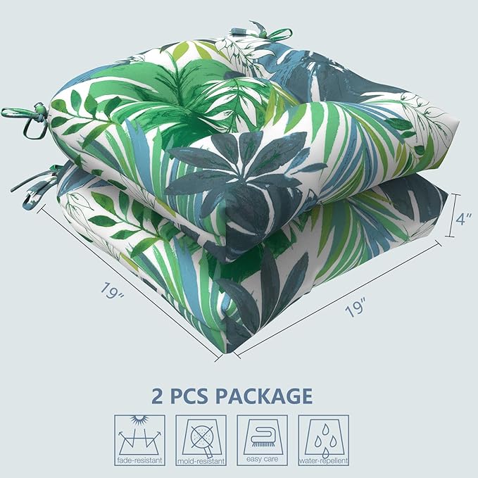 LVTXIII Outdoor Seat Cushions Seasonal Tufted Chair Cushions, Patio Chair Pads for Dining Chairs, Armchairs and Garden Furniture Decoration (Round Back, 19”x19”x4”, Islamorada Blue Green, 2 Pack)