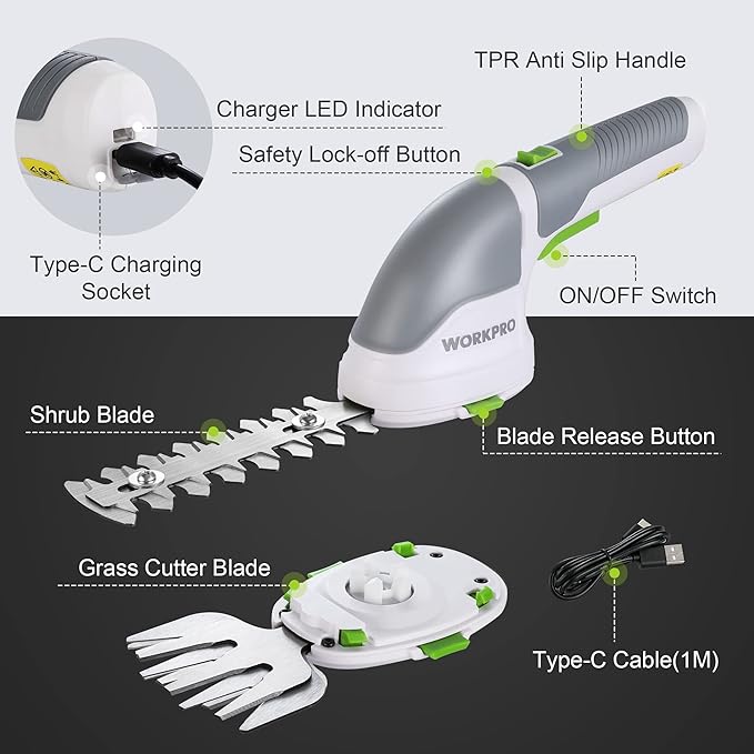 WORKPRO Cordless Grass Shear & Shrubbery Trimmer - 2 in 1 Handheld Hedge Trimmer Electric Grass Trimmer Hedge Shears/Grass Cutter Rechargeable Lithium-Ion Battery and Type-C Cable Included (White)