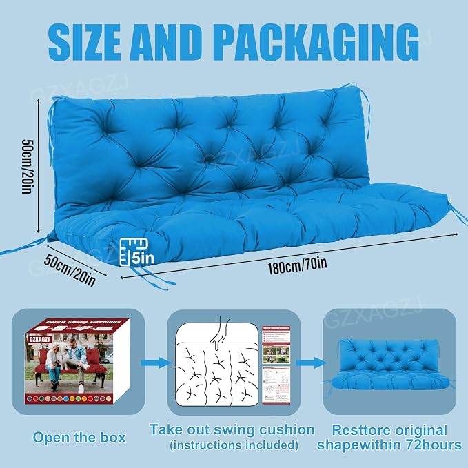 Premium Outdoor Swing Cushions 70x40 inch Waterproof Porch Swing Cushions 2-3 Seater Replacement with Backrest and Ties Swing Cushion for Outdoor Furniture Patio Porch Backyard Garden