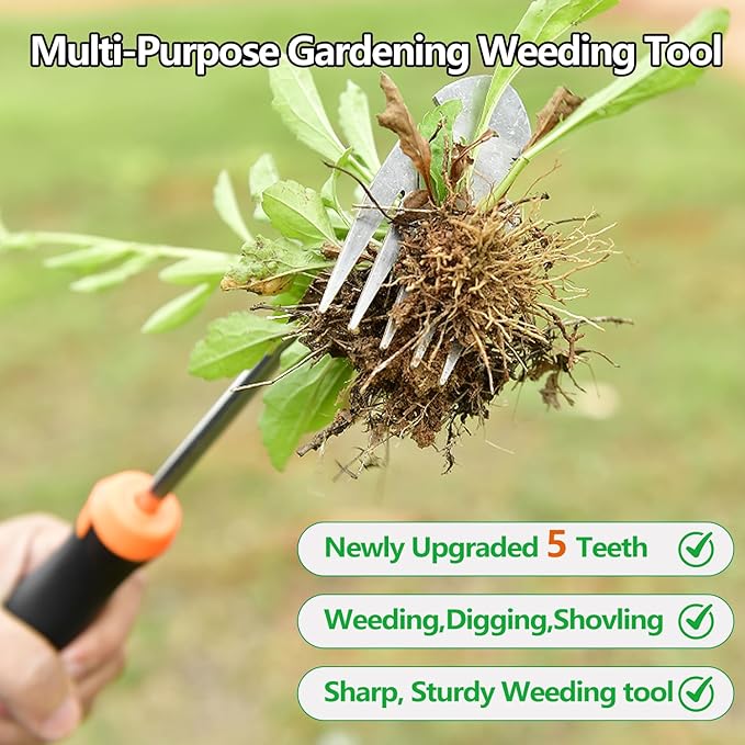 Weed Puller Tool,Newly Upgraded Garden Weeder Stainless Steel Hand Weeder Tool,Multi-Purpose 5 Teeth Weed Remover Tool Weeding Tools for Gardening (Rubber Handle)