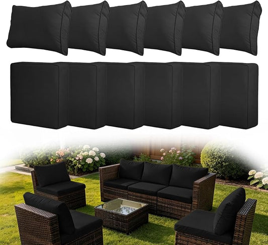 12 Pcs Patio Cushion Covers, Outdoor Rattan Sectional Sofa Cushion Covers, Replacement Washable & Reusable Furniture Protector for Patio Couch (12Pcs-Black, 24 * 24 * 3.15-inch)
