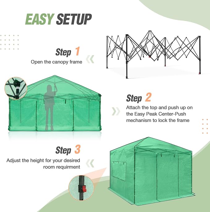 EAGLE PEAK 10x10 Portable Walk in Greenhouse, Pop Up Indoor Outdoor Greenhouse, Green House Kit with Zippered Roll-Up Doors and Windows, PE Cover, Clear/Green