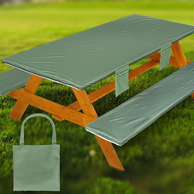 Picnic Table Cover with Bench Covers Vinyl Elastic Edges Fitted Rectangle Seat Tables Waterproof 3-Piece96X30in Set Outdoor Rectangular Folding Backing Tablecloth for Camping Over Size