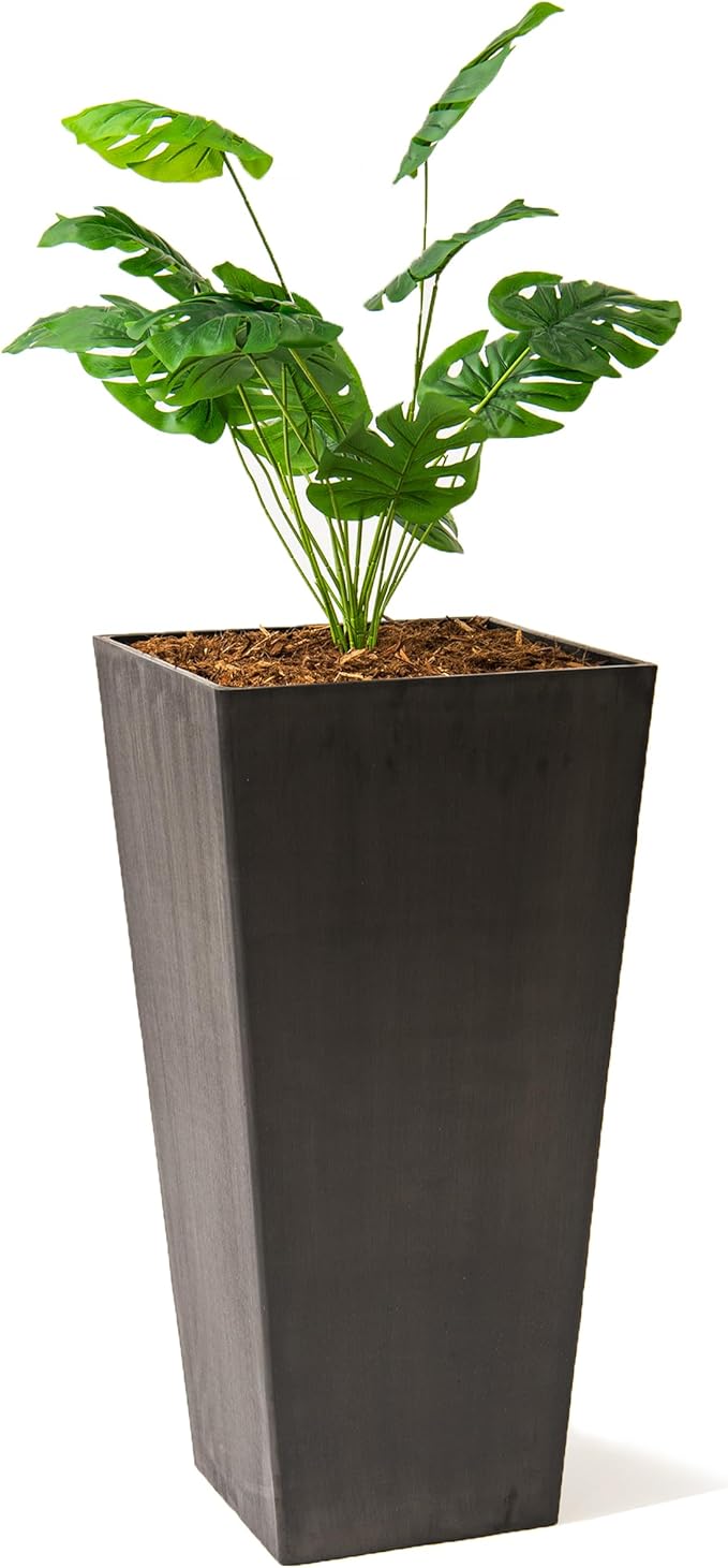 XBrand 30 in. Tall Tapered Square Self-Watering Planter, Modern Indoor/Outdoor Matte Black Plant Pot with Drainage Insert Tray for Patio Garden Decor