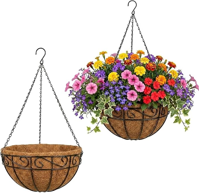 2 Pack Hanging Baskets for Plants Outdoor 10 Inch Metal Hanging Planters with Coco Coir Liner, Round Hanging Flower Pots for Home Garden Patio Balcony Porch