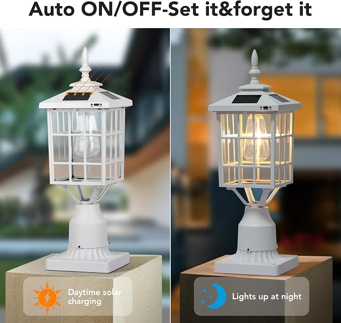 ST4224Q-W Solar Post Light Outdoor Led Squared Frame Fixture with 3" Pier Mount Base for Garden Street Pole Landscape Yard Driveway Entryways (White)
