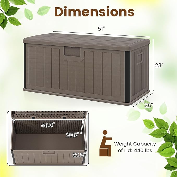 Giantex 100 Gallon Deck Box, Waterproof Resin Box with Lockable Lid, 440Lbs Outdoor HDPE Storage Container Bench for Patio Furniture Cushions, Pool Tools & Garden Accessories (Brown)