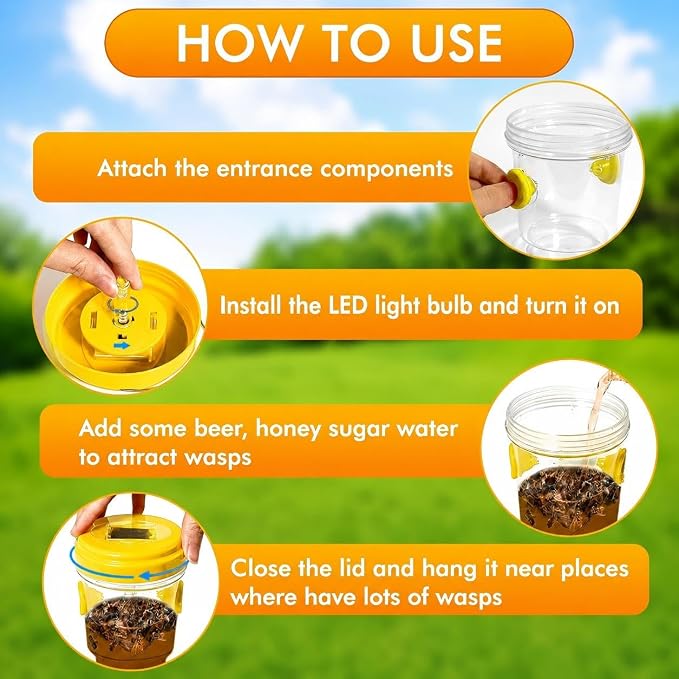 Wasp Traps Outdoor Hanging, Solar Bee Trap for Outside, Reusable Solar Powered Hornet Traps, Bee Wasp Catcher Outside Garden 4 Packs